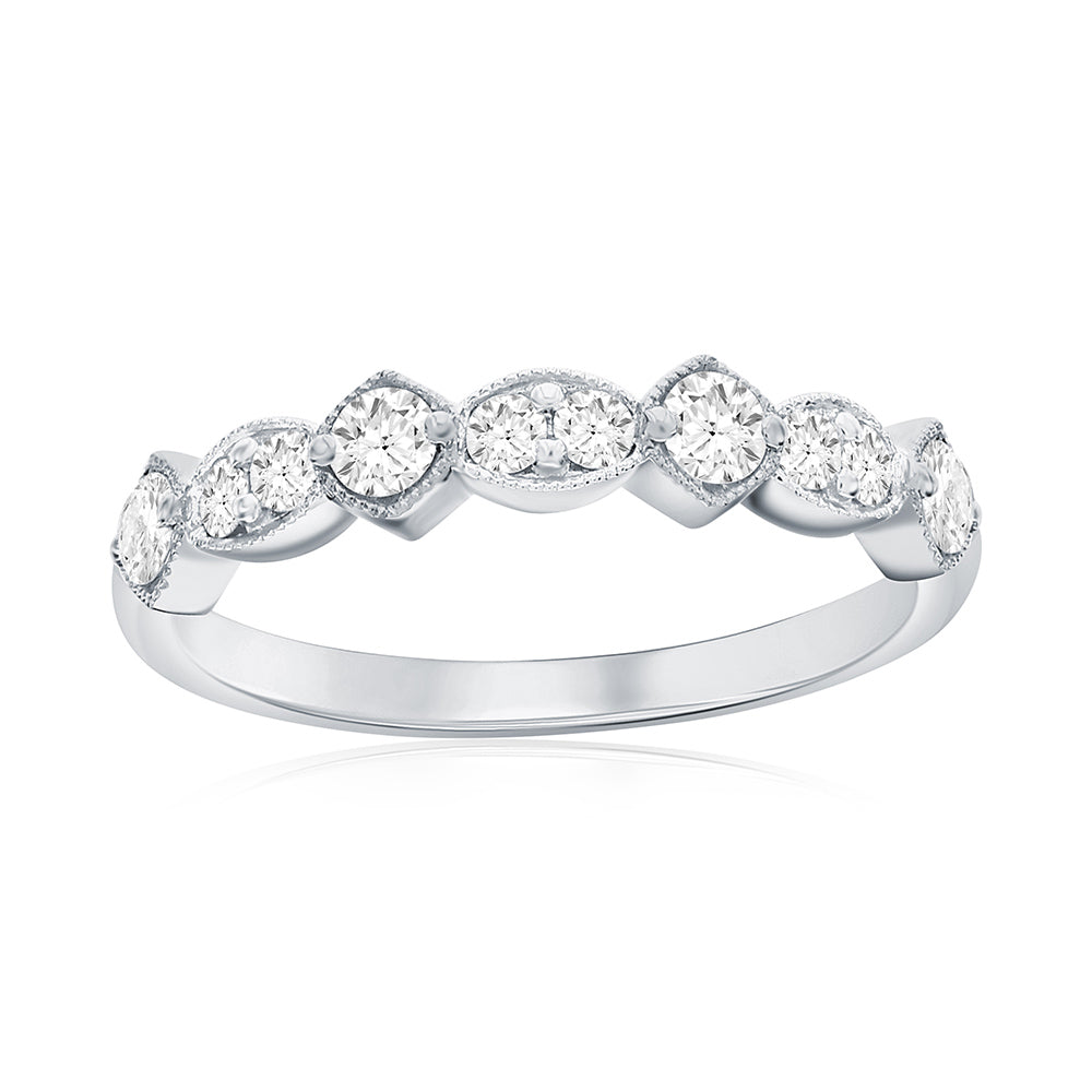 14K White Gold Alternating Miligrain Diamond Band