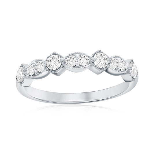 14K White Gold Alternating Miligrain Diamond Band