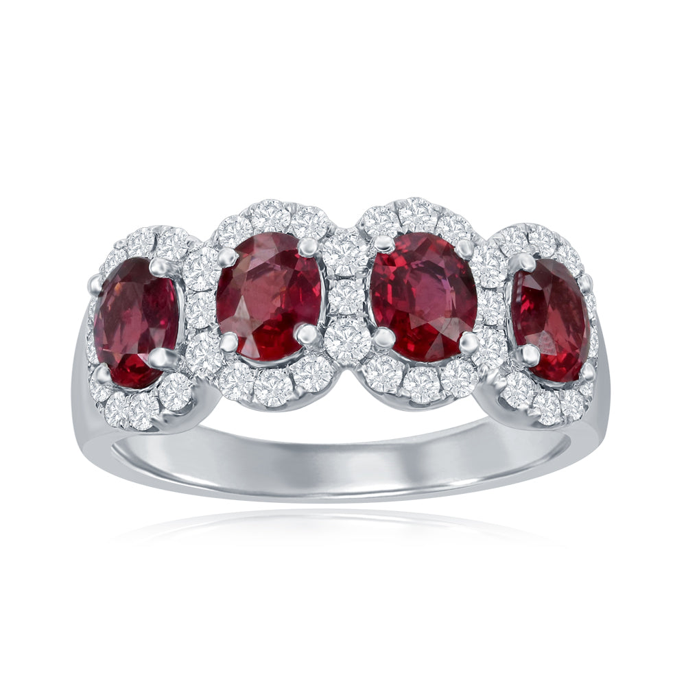14K White Gold Four Stone Halo Gemstone Ring
