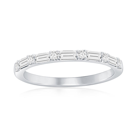 14K White Gold Alternating Baguette and Round Diamond Band