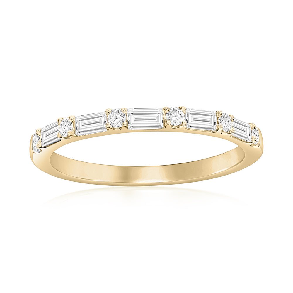 14K Yellow Gold Alternating Baguette and Round Diamond Band