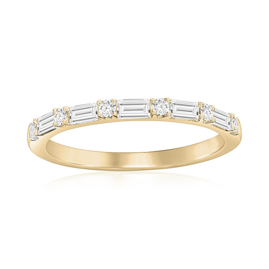 14K Yellow Gold Alternating Baguette and Round Diamond Band