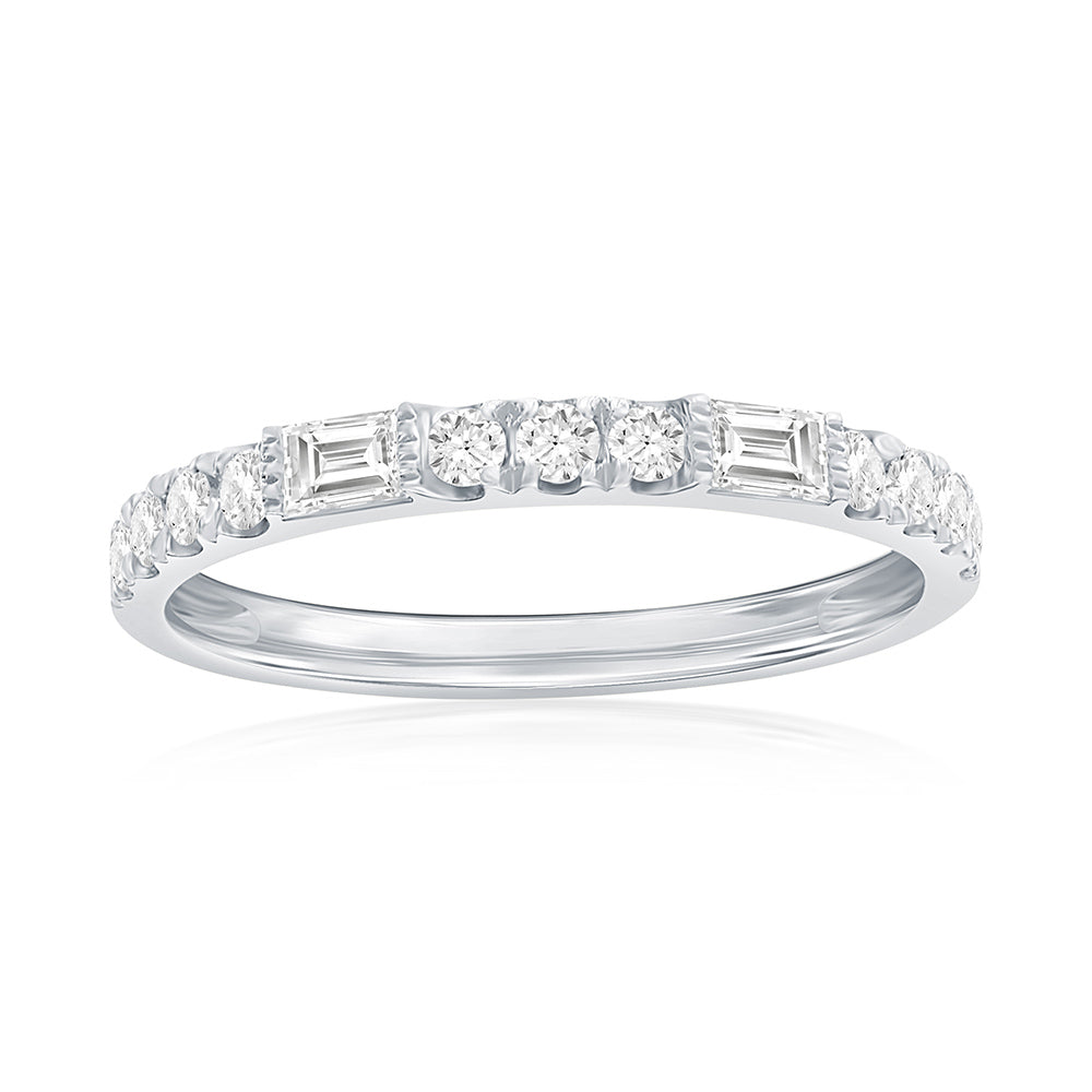14K White Gold Baguette and Round Diamond Band