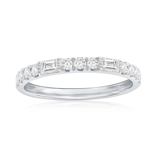 14K White Gold Baguette and Round Diamond Band