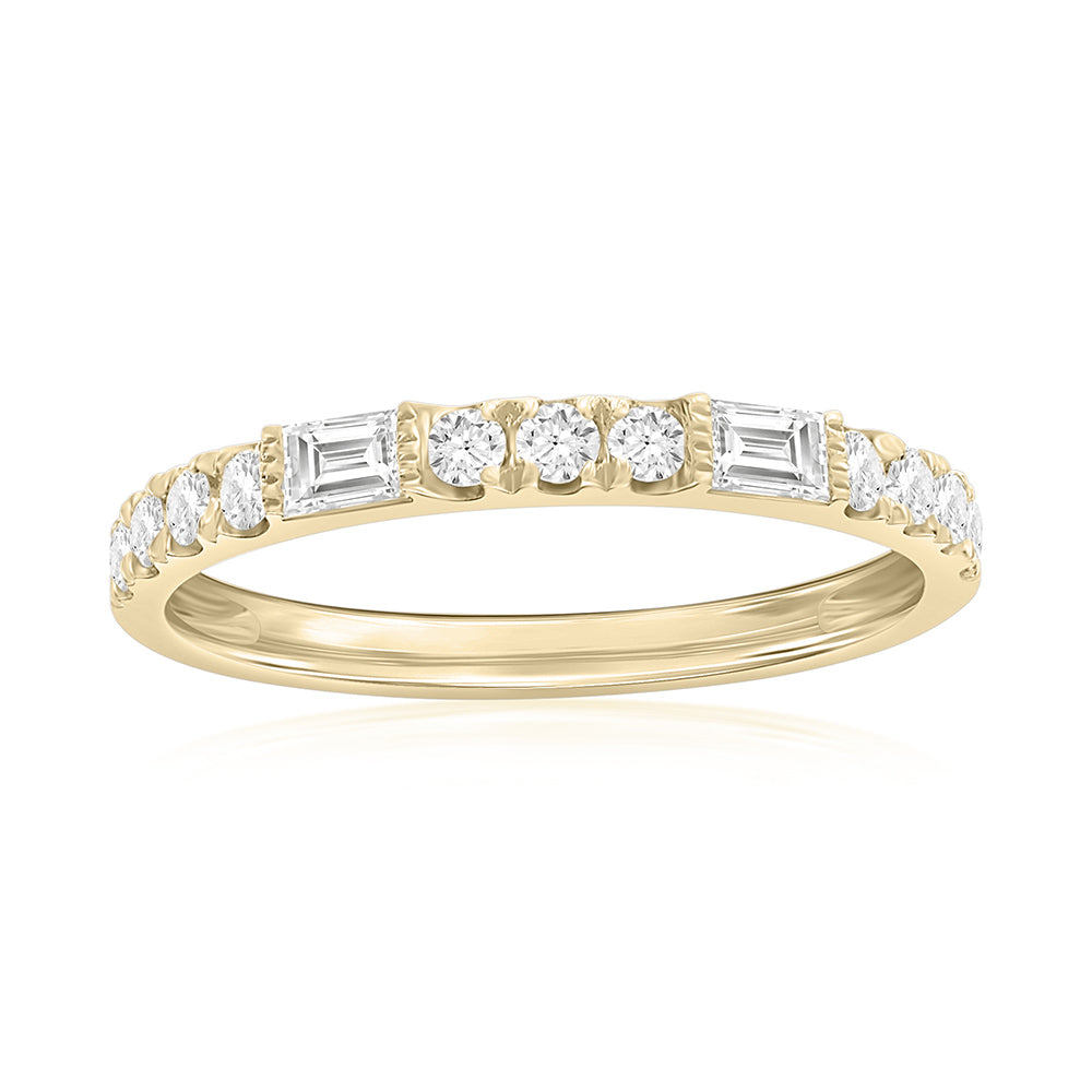 14K Yellow Gold Baguette and Round Diamond Band