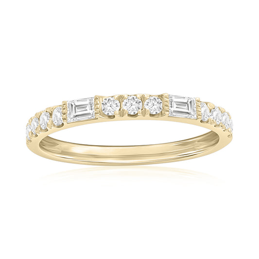 14K Yellow Gold Baguette and Round Diamond Band