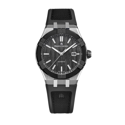 AIKONIC Automatic Date 43mm - Stainless steel with black ceramic bezel - Carbon, vertical pattern - Black rubber with black fabric pattern