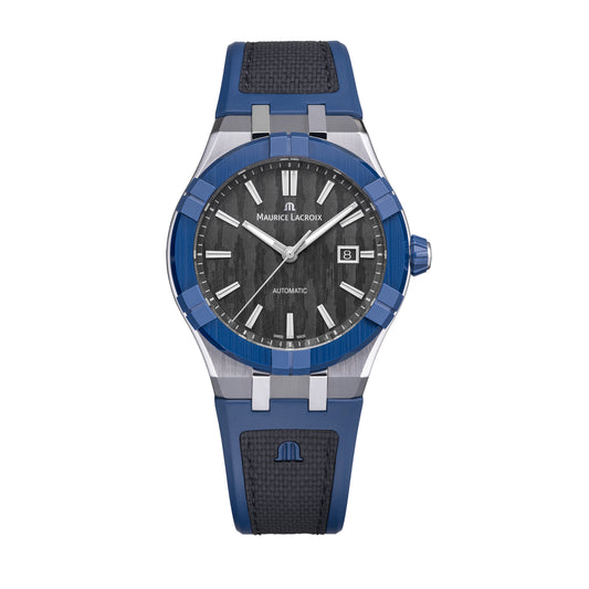 AIKONIC Automatic Date 43mm - Stainless steel with blue ceramic bezel - Carbon, vertical pattern - Blue rubber with black fabric pattern