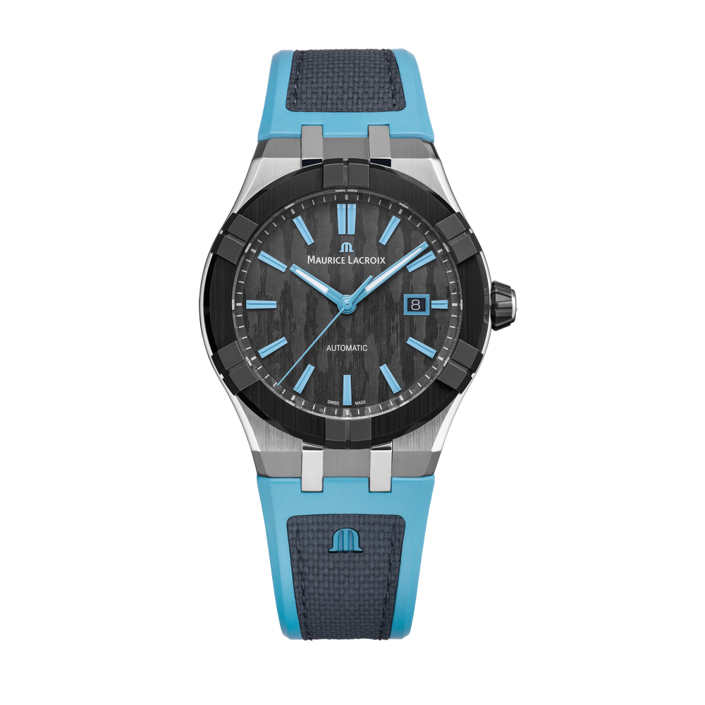 AIKONIC Automatic Date 43mm Special Ed.  - Stainless steel with black ceramic bezel - Carbon, vertical pattern - Petrol blue rubber with black fabric pattern