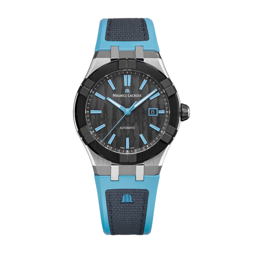 AIKONIC Automatic Date 43mm Special Ed.  - Stainless steel with black ceramic bezel - Carbon, vertical pattern - Petrol blue rubber with black fabric pattern