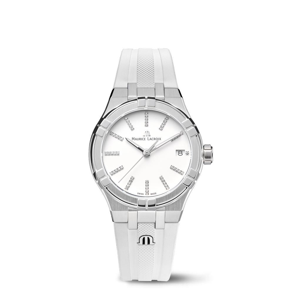 AIKON Quartz Date 35mm - Stainless steel - White, set with diamonds - White rubber