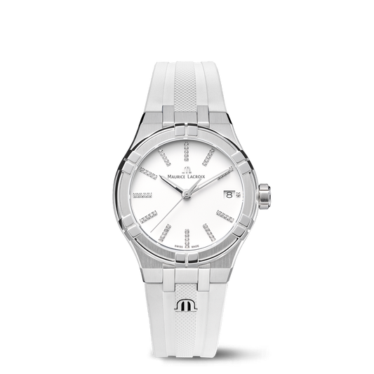 AIKON Quartz Date 35mm - Stainless steel - White, set with diamonds - White rubber