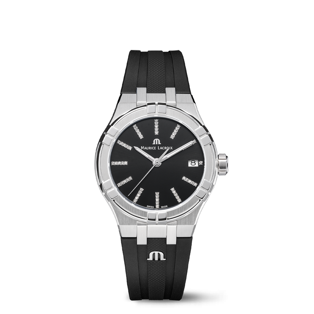 AIKON Quartz Date 35mm - Stainless steel - Black, sun-brushed, set with diamonds - Black rubber