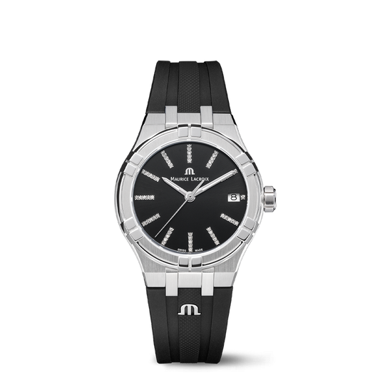 AIKON Quartz Date 35mm - Stainless steel - Black, sun-brushed, set with diamonds - Black rubber