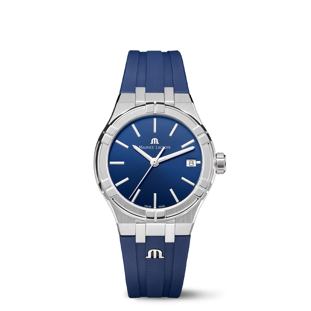 AIKON Quartz Date 35mm - Stainless steel - Blue, sun-brushed - Blue rubber