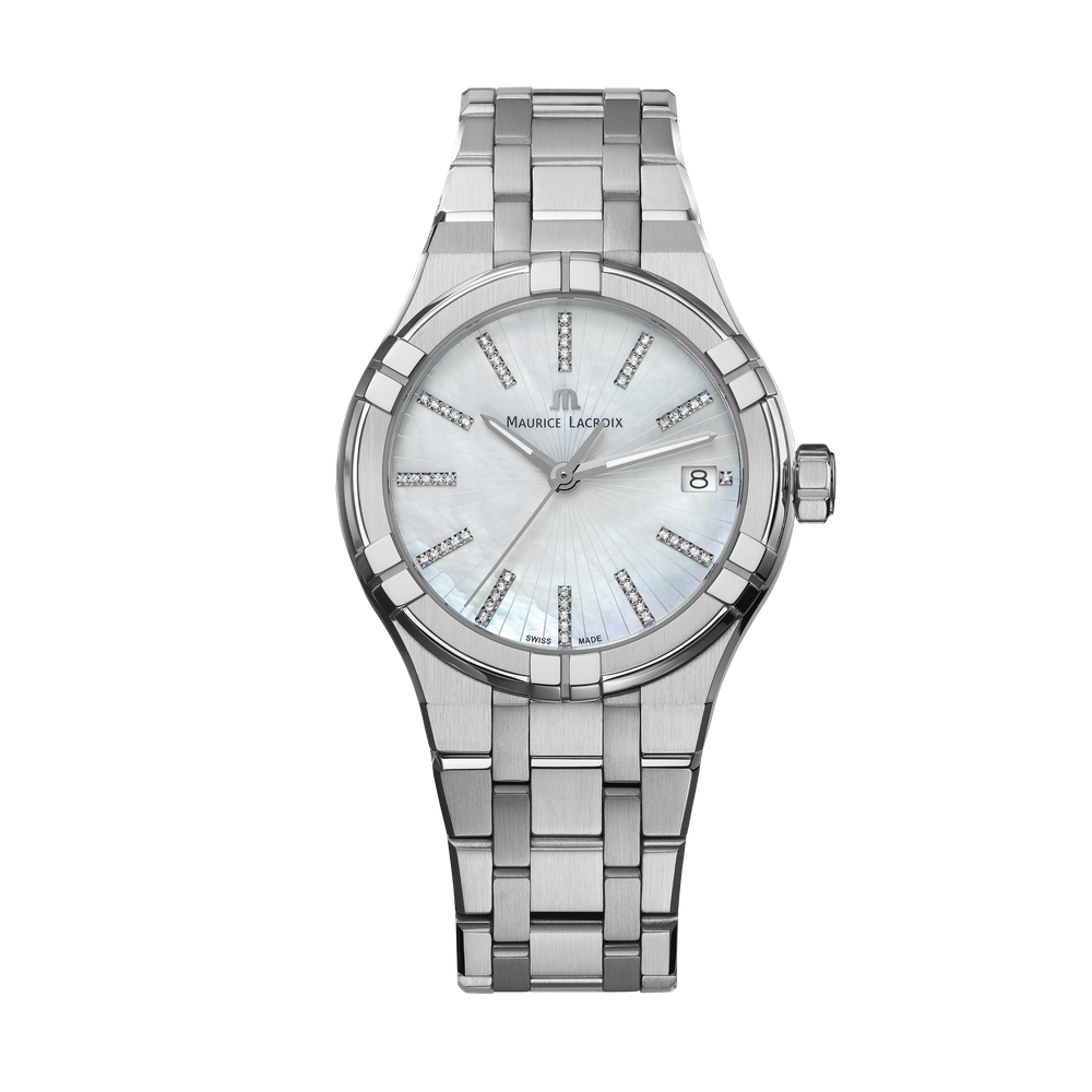 AIKON Quartz Date 35mm - Stainless steel - White mother-of pearl, set with diamonds - Stainless steel