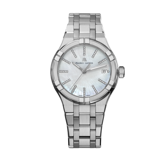 AIKON Quartz Date 35mm - Stainless steel - White mother-of pearl, set with diamonds - Stainless steel