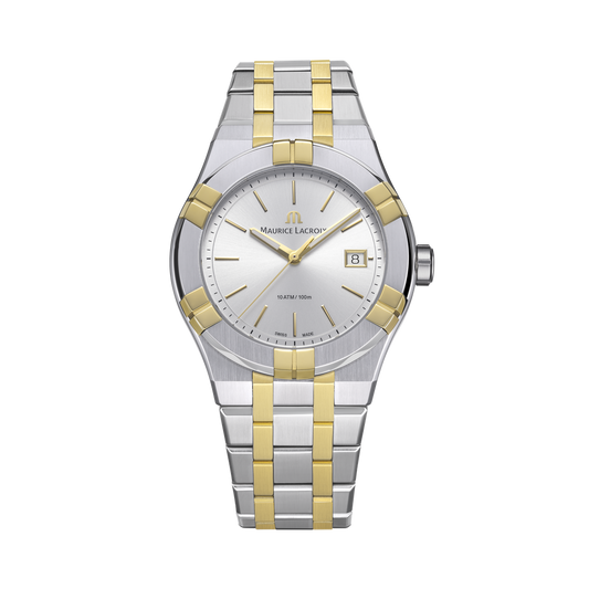 AIKON Quartz Date 40mm - Two-tone stainless steel and 2N gold PVD - Silver, sun-brushed - Two-tone stainless steel and 2N gold PVD