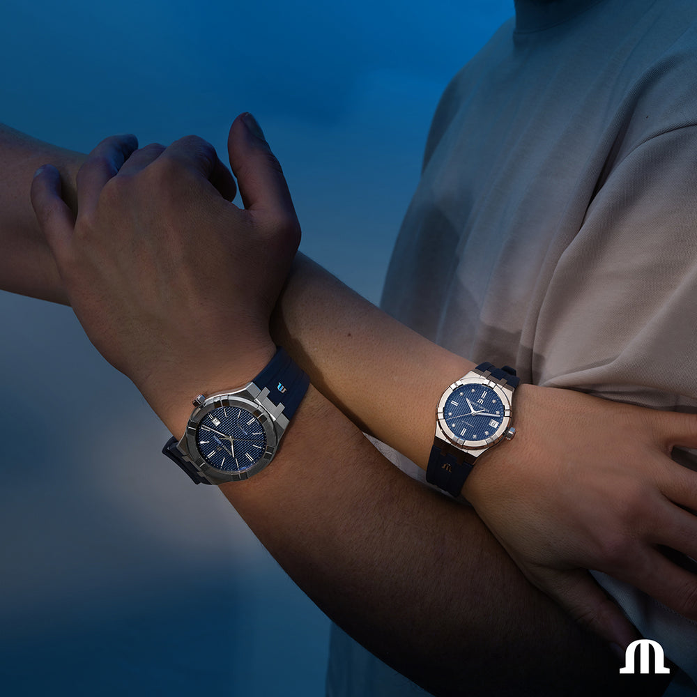 AIKON Automatic Date 42mm - Stainless steel - Blue, Clous de Paris patterned - Blue rubber