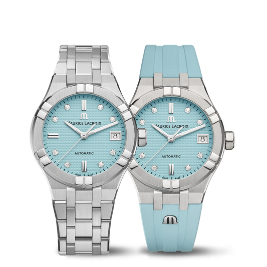 AIKON Automatic Date 35mm Limited Ed. Summer Vibes - Stainless steel - Turquoise, Clous de Paris patterned, set with diamonds - Stainless steel + Turquoise rubber