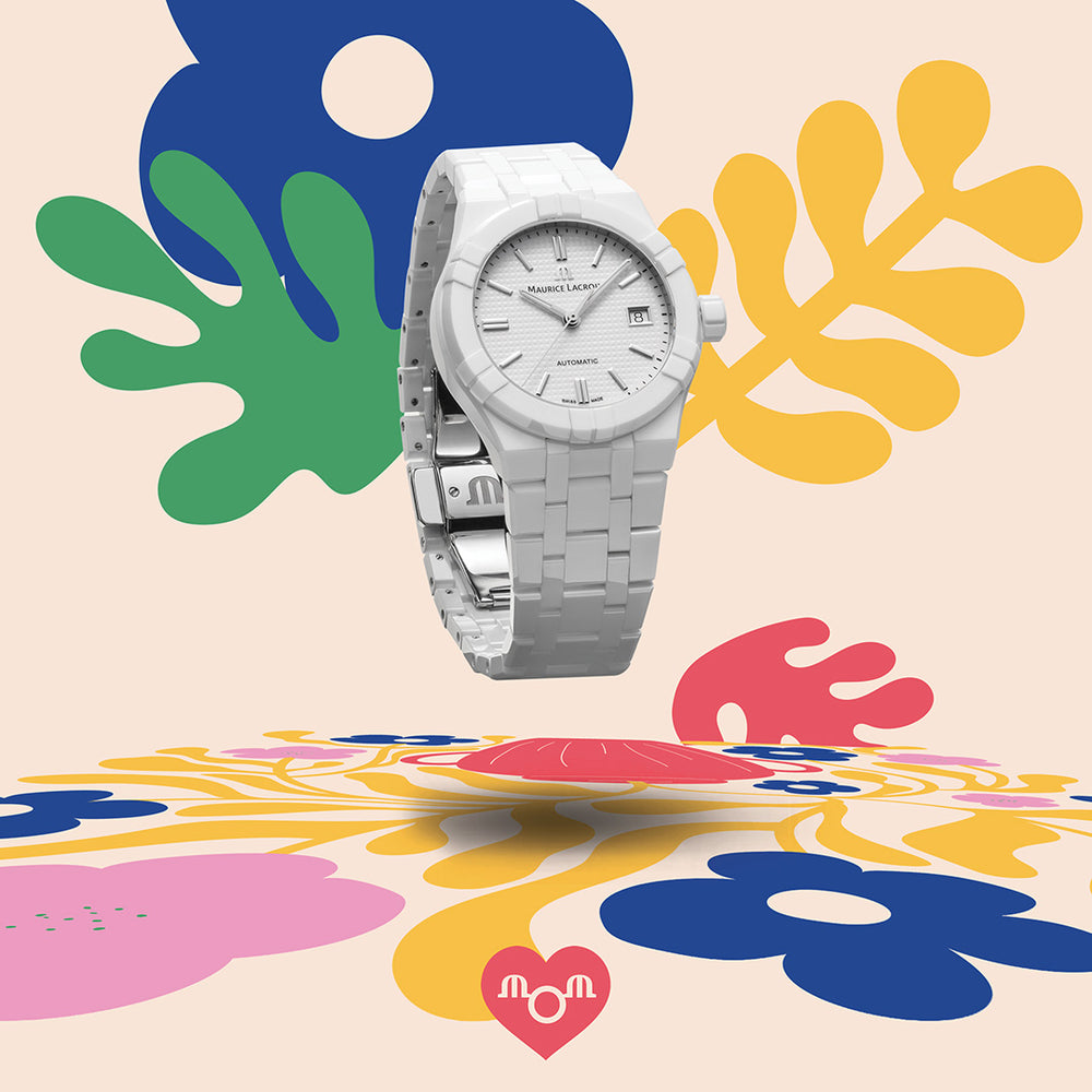 AIKON Automatic Date 39mm - White ceramic - White, Clous de Paris patterned - White ceramic