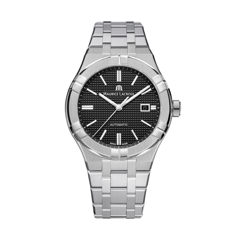 AIKON Automatic Date 42mm - Stainless steel - Black, Clous de Paris patterned - Stainless steel