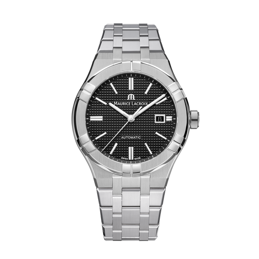 AIKON Automatic Date 42mm - Stainless steel - Black, Clous de Paris patterned - Stainless steel