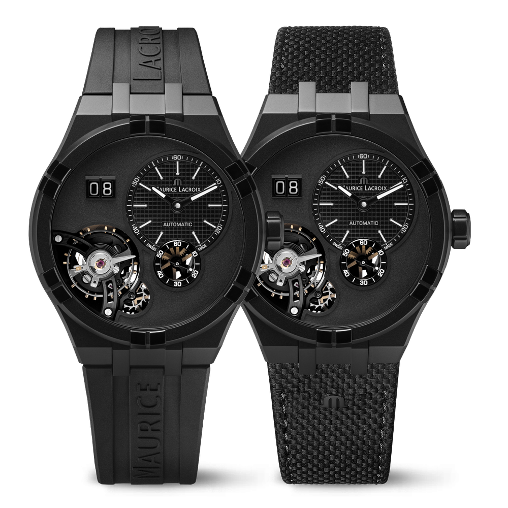 AIKON Automatic Manufacture Master Grand Date 45mm - Black DLC stainless steel - Blue, sand blasted - Black calf leather + Black rubber