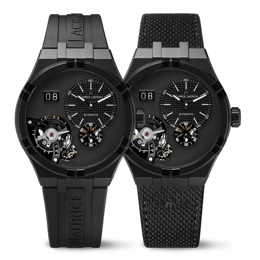 AIKON Automatic Manufacture Master Grand Date 45mm - Black DLC stainless steel - Blue, sand blasted - Black calf leather + Black rubber
