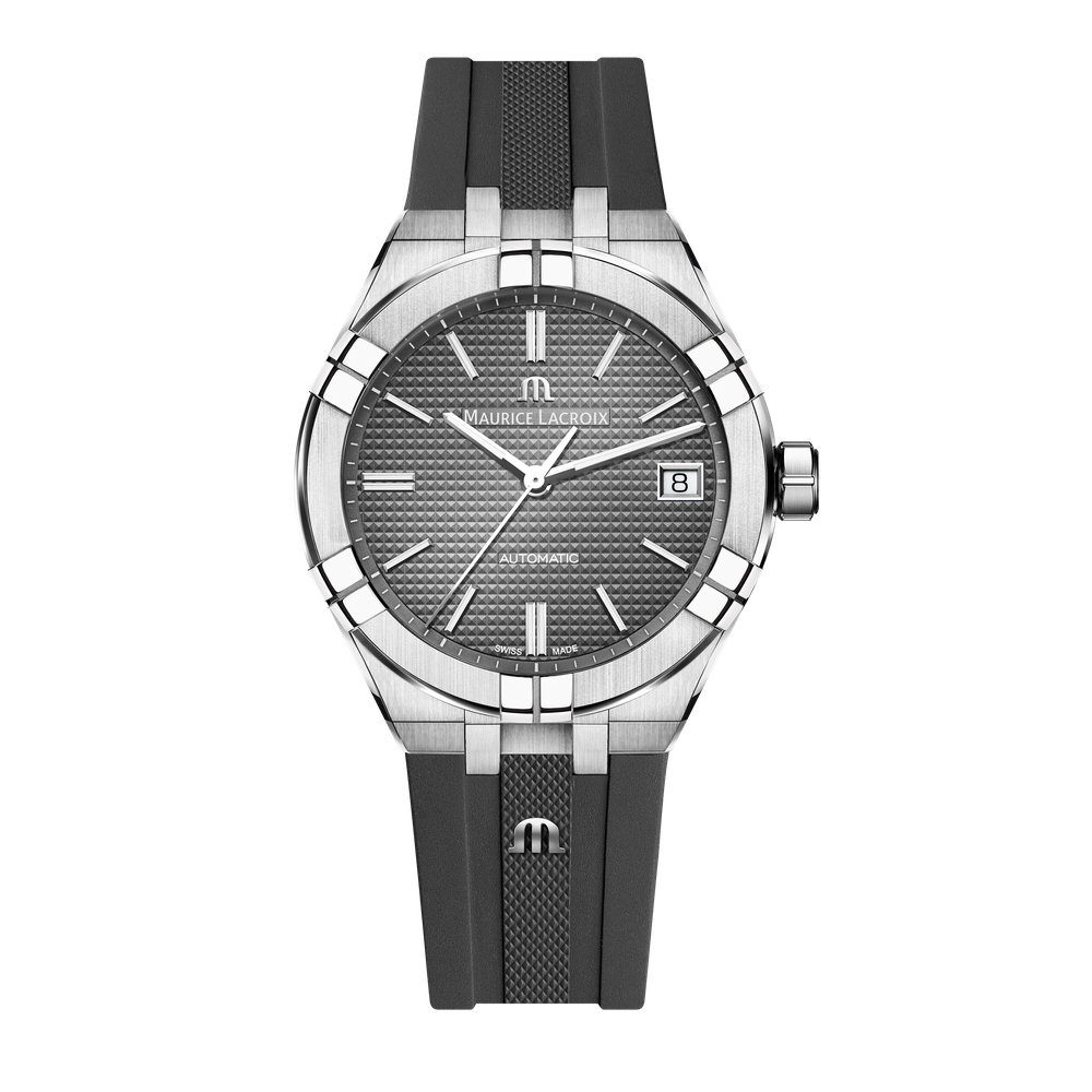 AIKON Automatic Date 39mm - Stainless steel - Grey, Clous de Paris patterned - Grey rubber