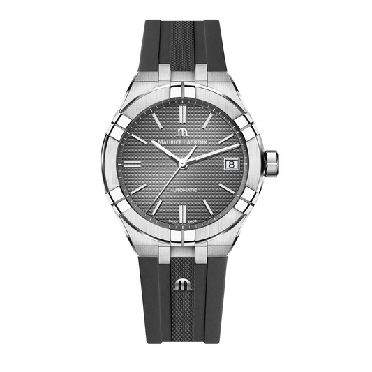 AIKON Automatic Date 39mm - Stainless steel - Grey, Clous de Paris patterned - Grey rubber