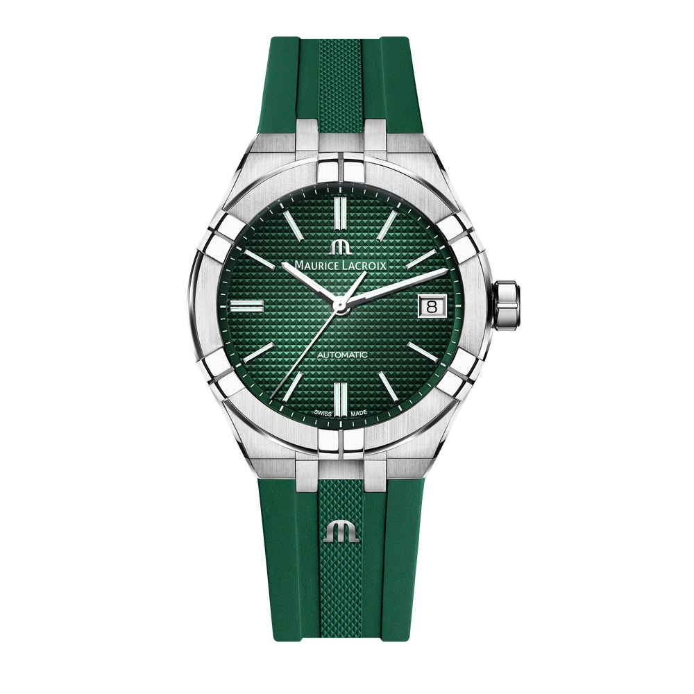 AIKON Automatic Date 39mm - Stainless steel - Green, Clous de Paris patterned - Green rubber