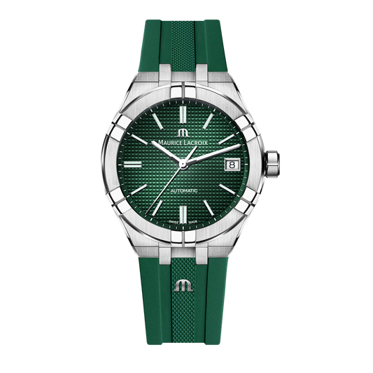 AIKON Automatic Date 39mm - Stainless steel - Green, Clous de Paris patterned - Green rubber