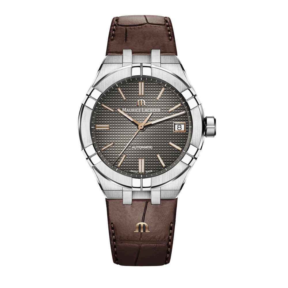AIKON Automatic Date 39mm - Stainless steel - Anthracite, Clous de Paris patterned, 4N indexes - Brown calf leather
