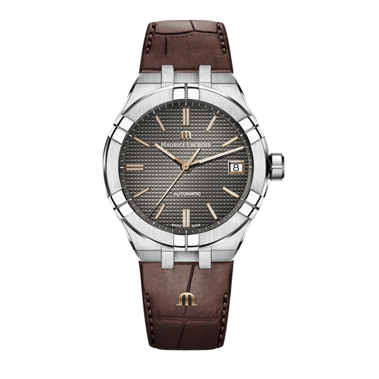 AIKON Automatic Date 39mm - Stainless steel - Anthracite, Clous de Paris patterned, 4N indexes - Brown calf leather