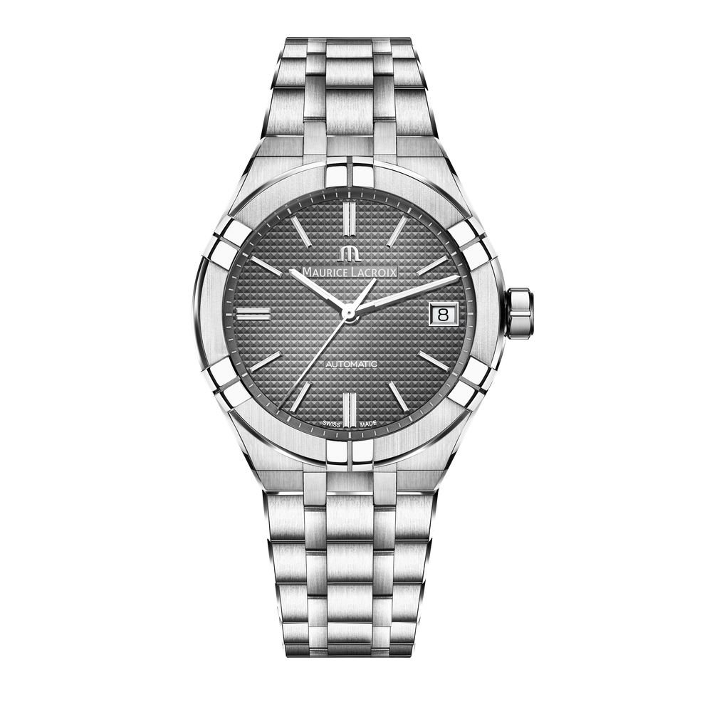 AIKON Automatic Date 39mm - Stainless steel - Grey, Clous de Paris patterned - Stainless steel