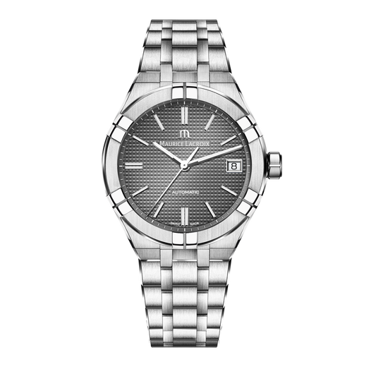 AIKON Automatic Date 39mm - Stainless steel - Grey, Clous de Paris patterned - Stainless steel