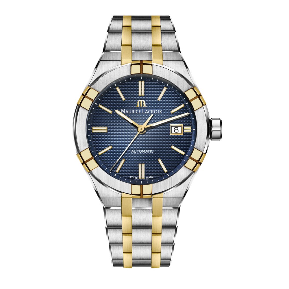 AIKON Automatic Date 42mm - Two-tone stainless steel and 2N gold 10 microns plated - Blue, Clous de Paris patterned, 2N indexes - Two-tone stainless steel and 2N gold 10 microns plated