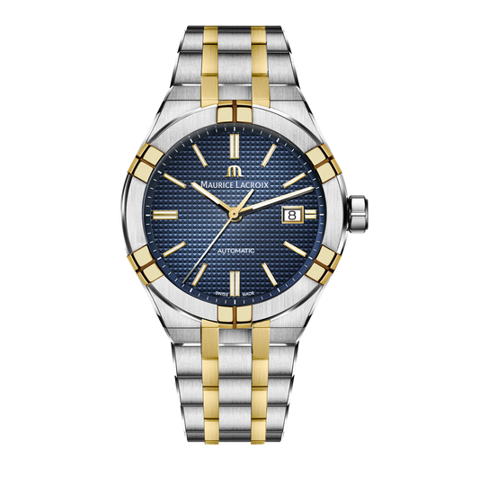 AIKON Automatic Date 42mm - Two-tone stainless steel and 2N gold 10 microns plated - Blue, Clous de Paris patterned, 2N indexes - Two-tone stainless steel and 2N gold 10 microns plated