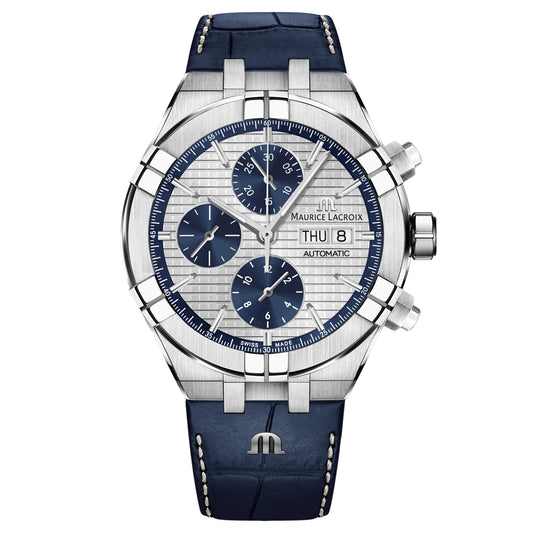 AIKON Automatic Chronograph 44mm - Stainless steel - Silver and blue, sun-brushed squares, polished rings, snailed counters - Blue calf leather