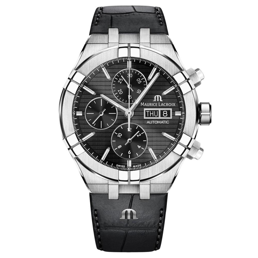 AIKON Automatic Chronograph 44mm - Stainless steel - Black, sun-brushed squares, polished rings, snailed counters - Black calf leather