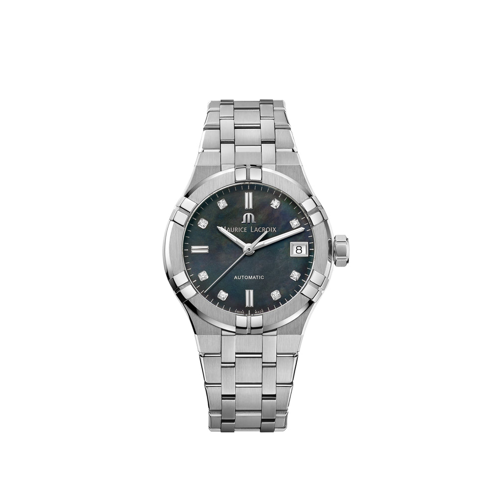 AIKON Automatic Date 35mm - Stainless steel - Black mother-of-pearl, set with diamonds - Stainless steel