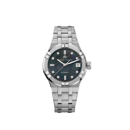 AIKON Automatic Date 35mm - Stainless steel - Black mother-of-pearl, set with diamonds - Stainless steel
