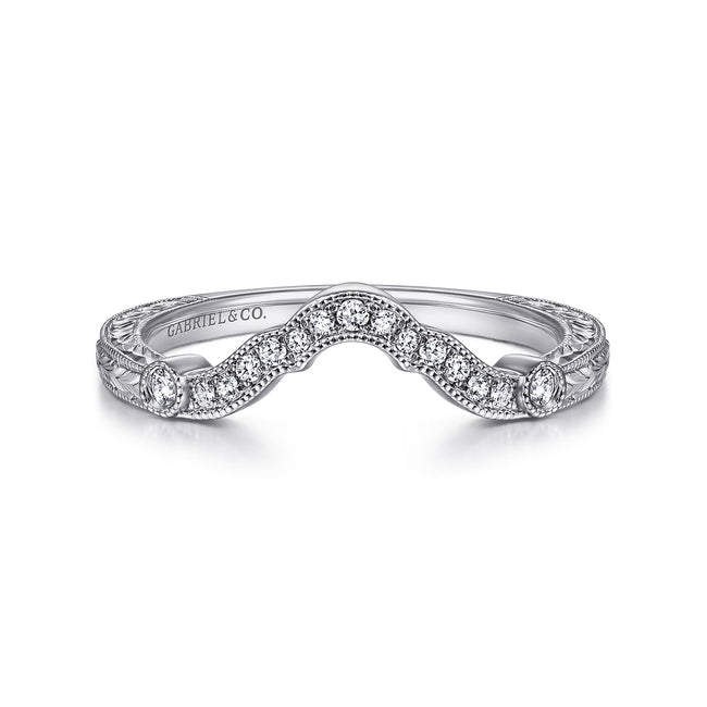 Vintage Inspired 14K White Gold Curved Diamond Wedding Band