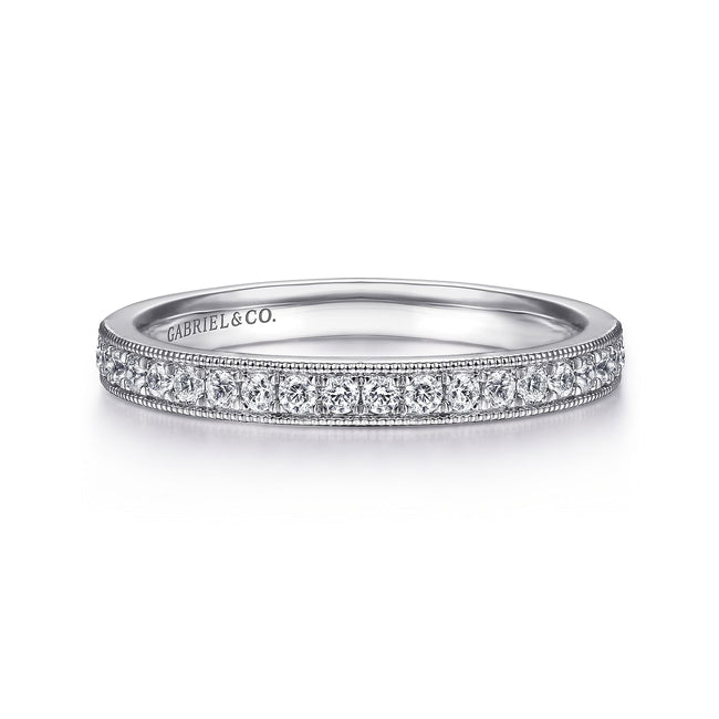 14K White Gold Micro Pavé Channel Diamond Wedding Band with Milgrain