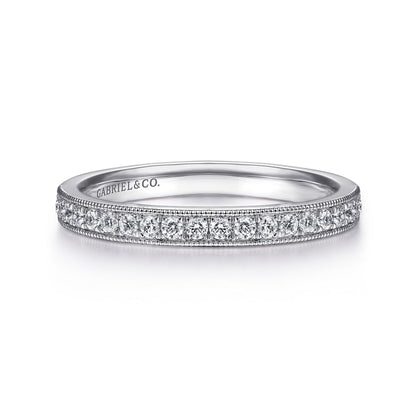 14K White Gold Micro Pavé Channel Diamond Wedding Band with Milgrain
