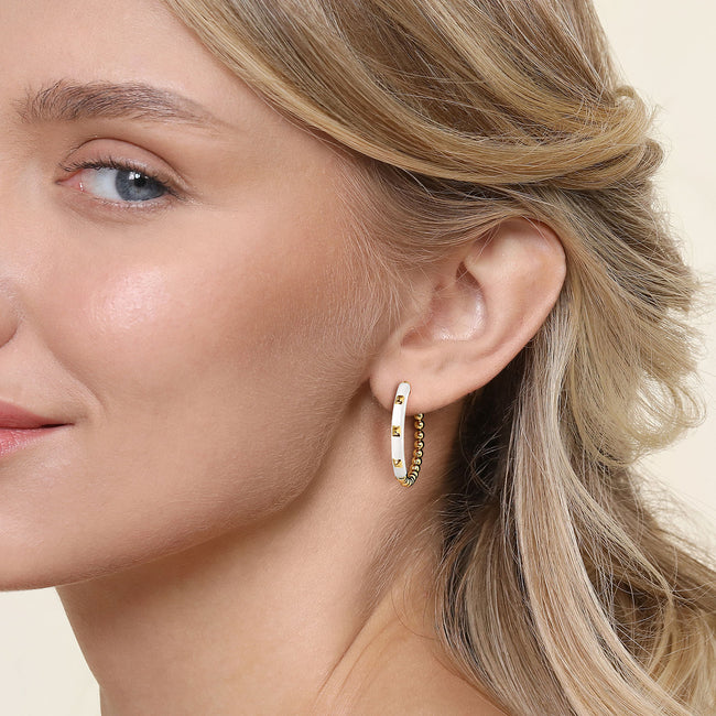 14K Yellow Gold Bujukan Beads Classic Hoop Pyramid Earrings with White Enamel