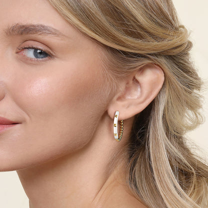 14K Yellow Gold Bujukan Beads Classic Hoop Pyramid Earrings with White Enamel