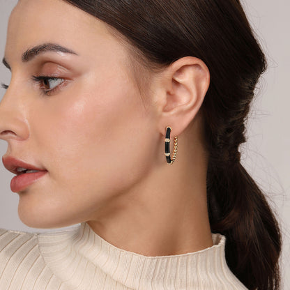 14K Yellow Gold Bujukan Beads and Bar Split Classic Hoop with Black Enamel