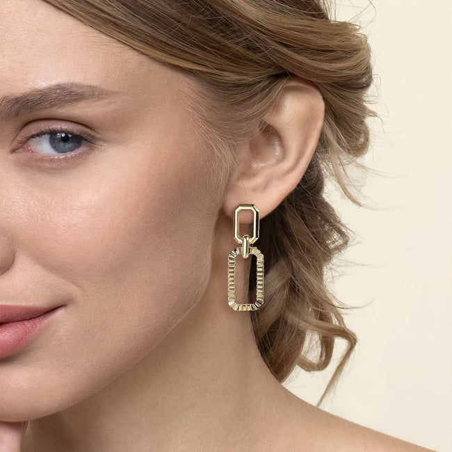 14K Yellow Plain Gold Diamond Cut Link Stud Drop Earrings